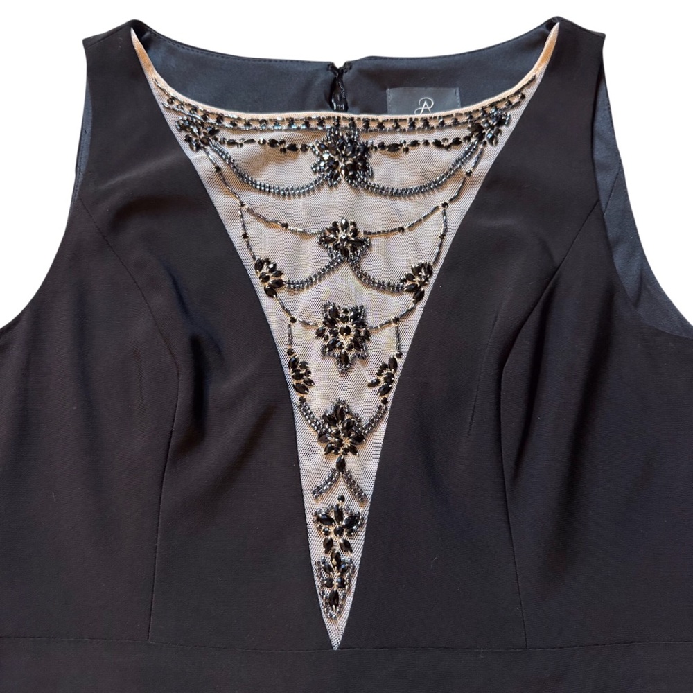 Adrianna Papell Black Beaded Illusion Neckline Evening Gown Black Tie Dress - Picture 5 of 13